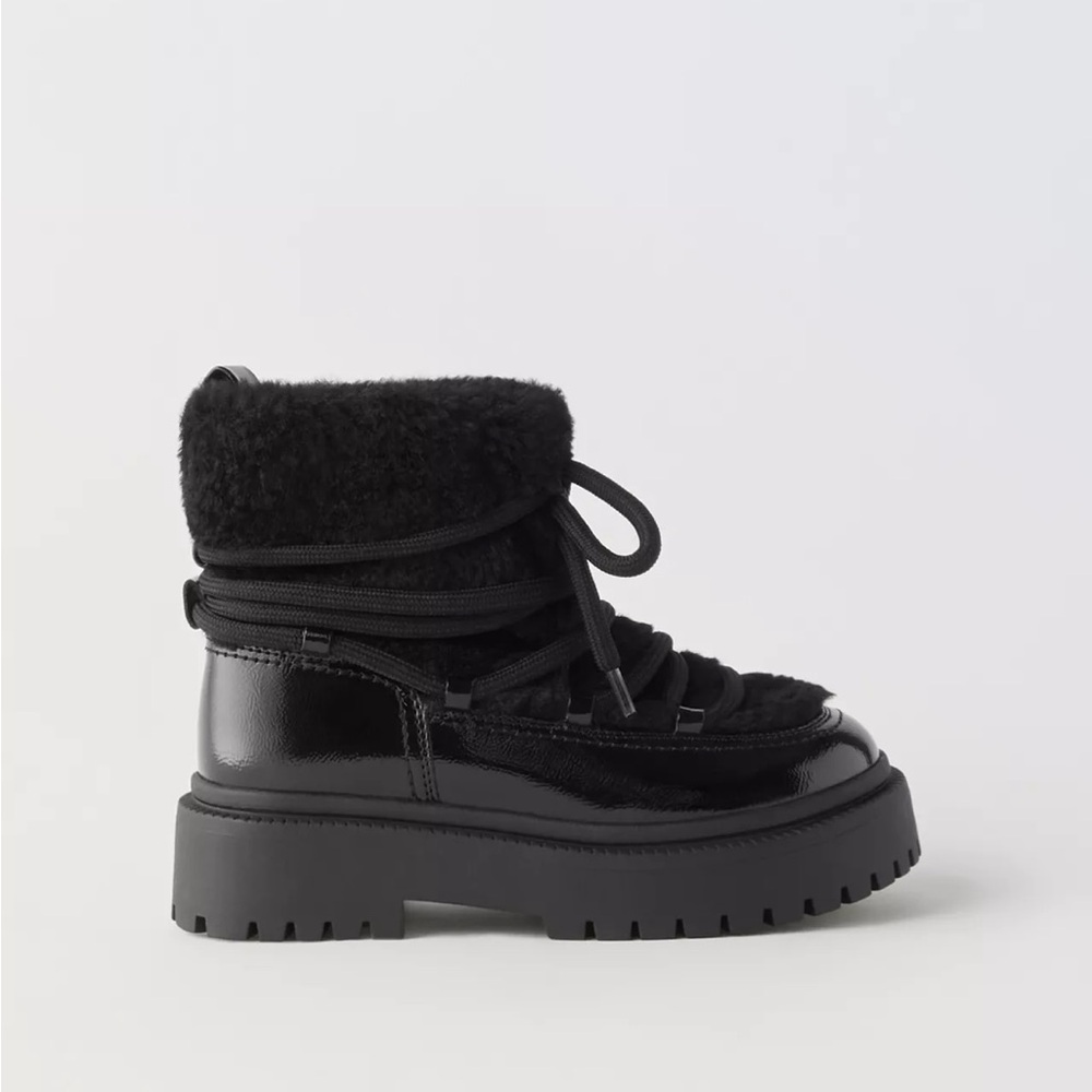 Zara Patent Leather Faux Fur Ankle Boots